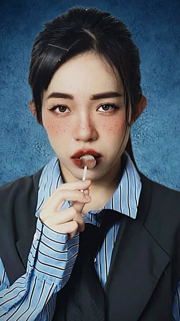 雀斑妆容造型：女生穿条纹衬衫与西装外套，手拿棒棒糖